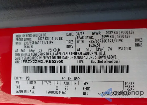 2018 Ford Transit-350 Xl z USA, uszkodzony, nr VIN 1FBZX2ZMXJKB52950